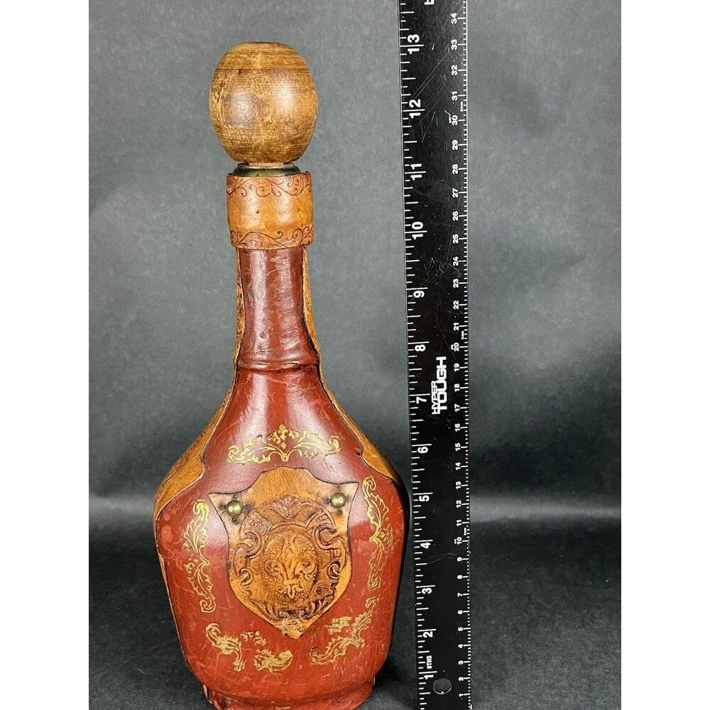 VTG Italian Leather Wrapped Decanter Bottle Fleur-de-lis Shield Crest MCM 13”